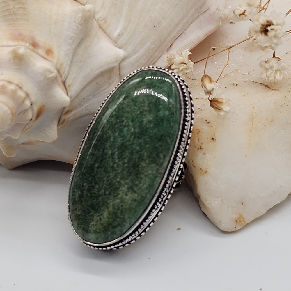 Classic Silver 925 Ring Genuine Peruvian Tumbled NEPHRITE Green Stone